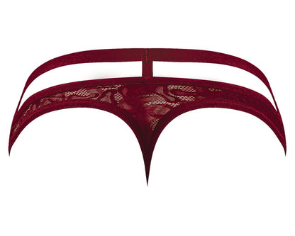 Male Power 446-289 lucifer burgundy deep red lace thong with floral pattern and curved supportive straps, back view