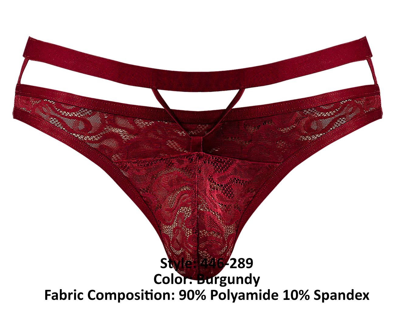 Burgundy male power 446-289 lucifer lace thong with cut out design and elastic waistband shown from the back