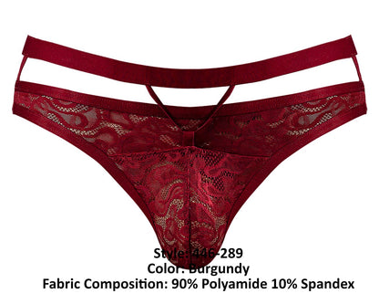 Burgundy male power 446-289 lucifer lace thong with cut out design and elastic waistband shown from the back