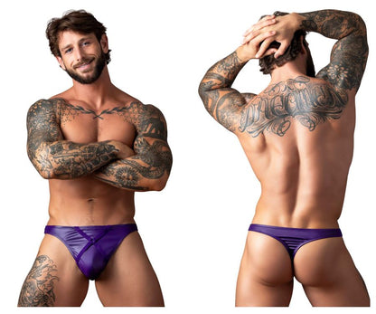 Male power 447-302 eggplant crossover thong in plum features purple satin briefs with a sleek shiny finish and diagonal seams