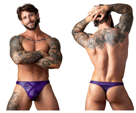 Male power 447-302 eggplant crossover thong in plum features purple satin briefs with a sleek shiny finish and diagonal seams