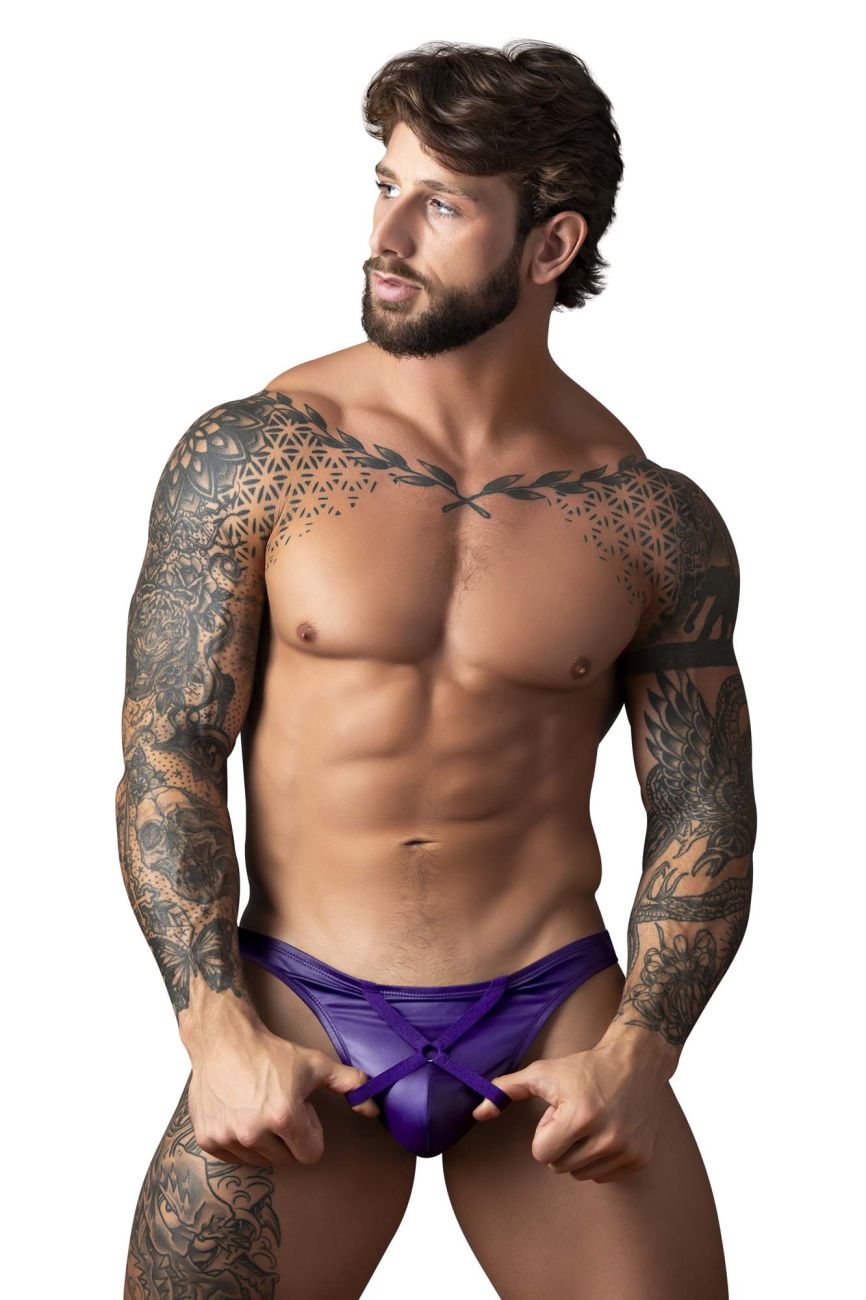 Purple satin briefs with a front tie closure male power 447-302 eggplant crossover thong in plum color