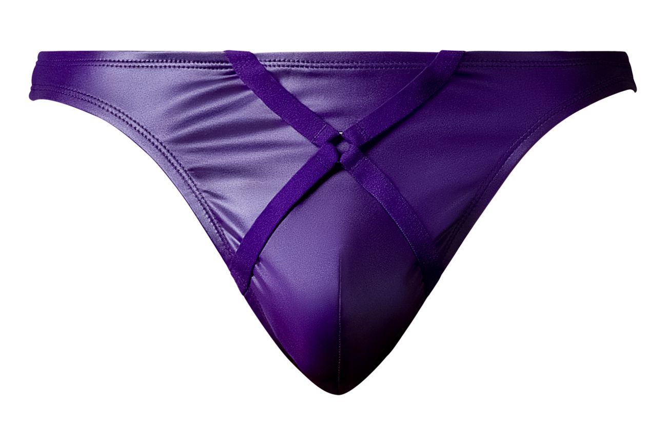 Purple satin-like male power crossover thong with crisscross strap design in eggplant color front view