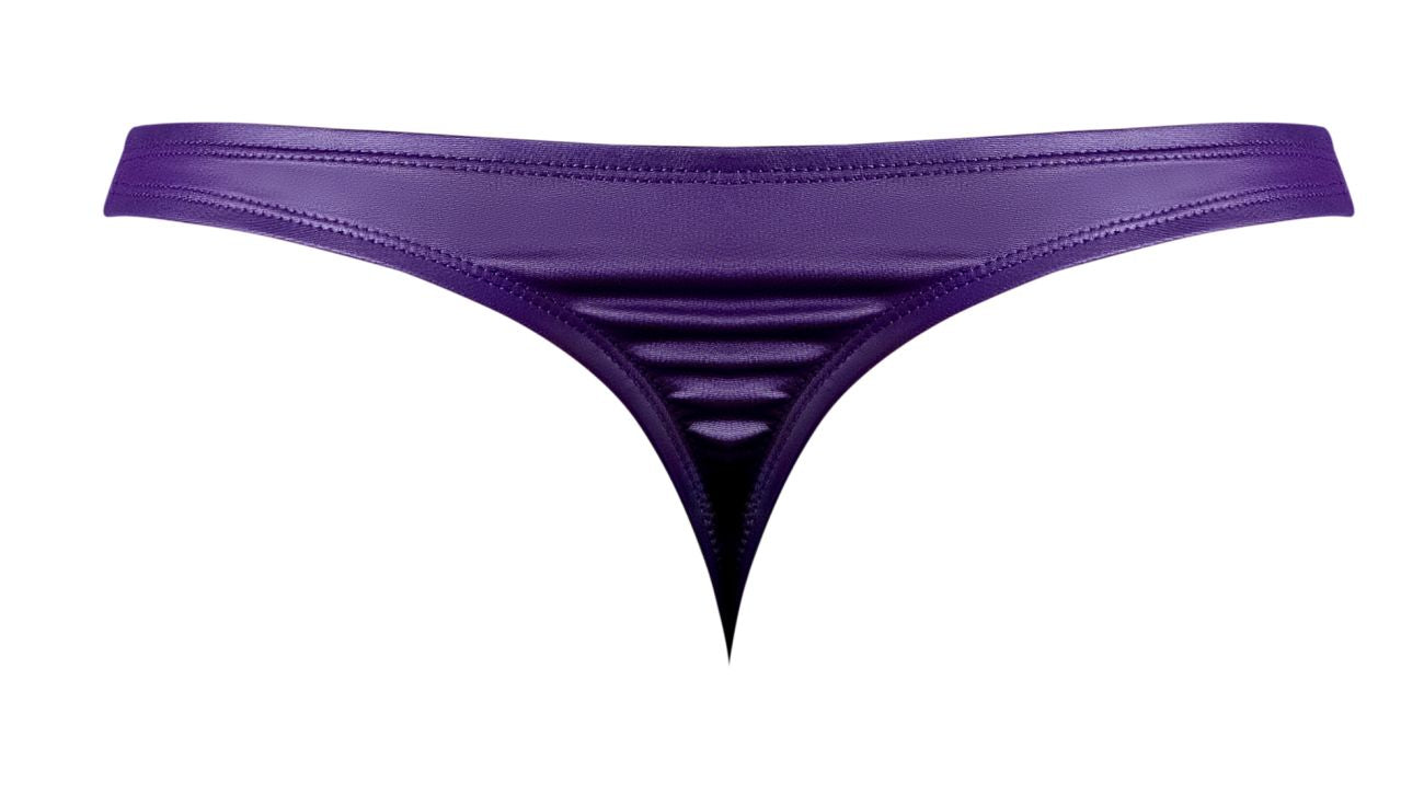 Male Power 447-302 eggplant crossover thong in plum metallic with glossy finish and stitched waistband detailing