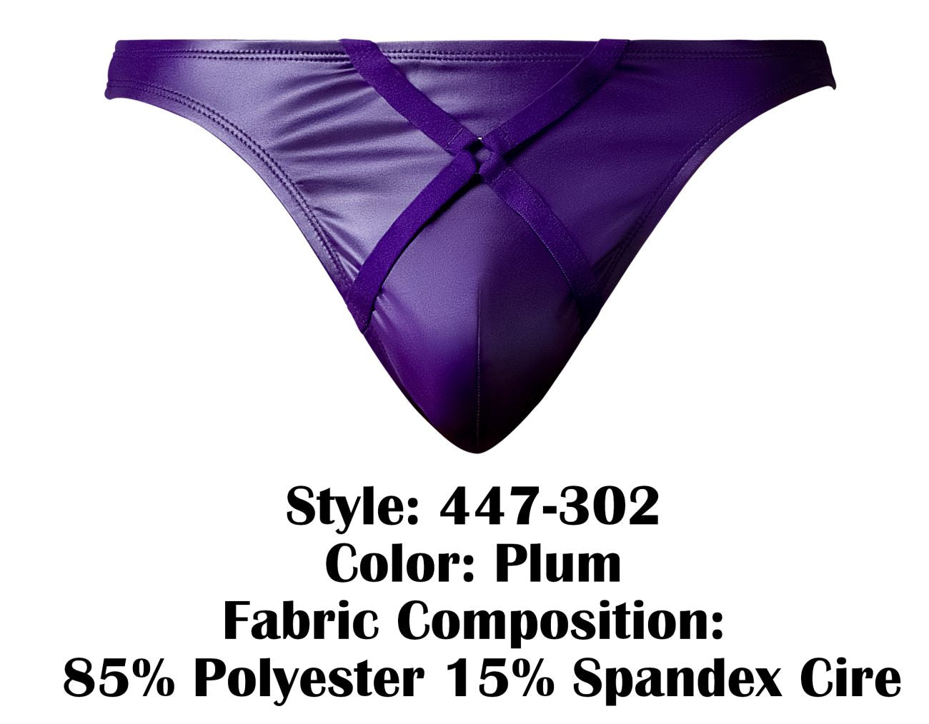 Plum-colored shiny satin briefs with crisscross strap design male power 447-302 eggplant crossover thong