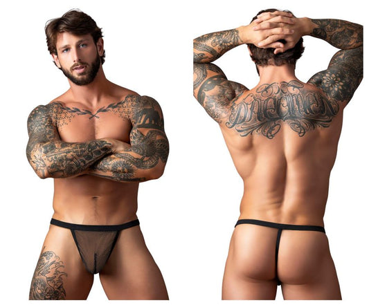 Black mesh thong with solid black waistband fishnet 2 g-string by male power in black shown from the back
