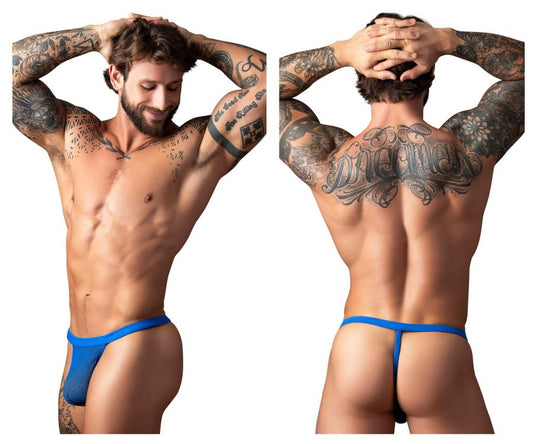 Blue mesh thong male power 449-11c fishnet 2 g-string in royal color showing front view