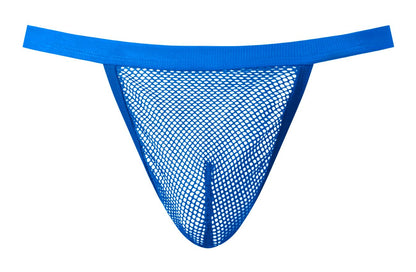 Bright blue mesh male power 449-11c fishnet g-string with solid elastic waistband in royal color front view
