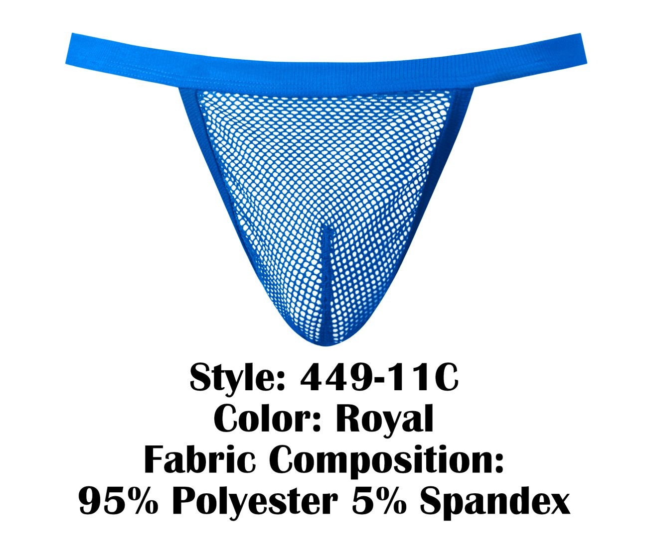 Royal blue fishnet male power 449-11c g-string thong made of 95 polyester and 5 spandex showing the back side