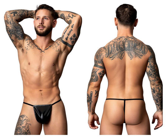 Black leather thong with small front pouch and thin straps from Male Power 450-301 Liquid Onyx 2.0 g-string in black