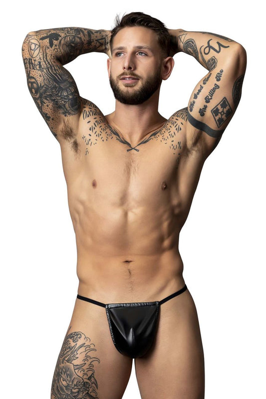 Black leather thong g-string by male power featuring a central zipper closure in black color front view