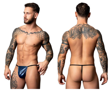 Blue metallic Male Power 450-301 Liquid Onyx 2.0 thong with black trim showcasing front view