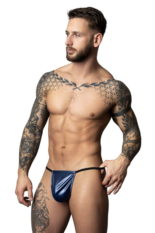 Male power 450-301 liquid onyx 2.0 blue shiny latex thong with black elastic waistband shown from the back side