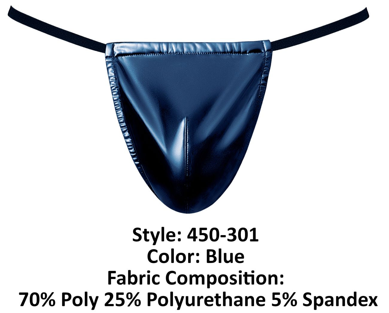 Male power 450-301 liquid onyx 2.0 blue shiny latex thong with black elastic straps shown from the back side