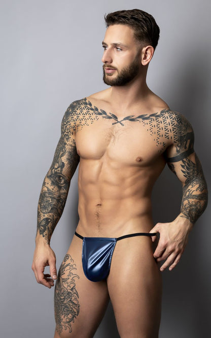 Male Power 450-301 Liquid Onyx 2.0 blue shiny latex thong with black elastic waistband for men