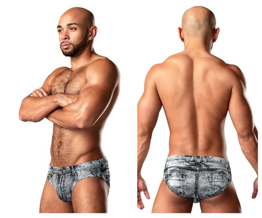 Back side of male power 486-286 dirty denim bikini briefs in gray and white distressed denim with classic pockets