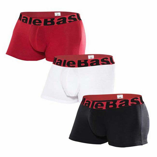 Malebasics 3-pack assorted trunks in red white and black briefs with male basic branded elastic waistband