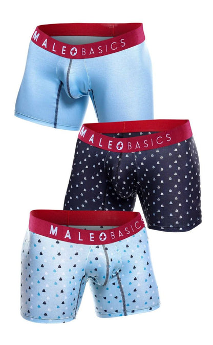 Malebasics 3-pack boxer briefs in light blue solid, dark navy with white sailboats, and light blue with black triangles