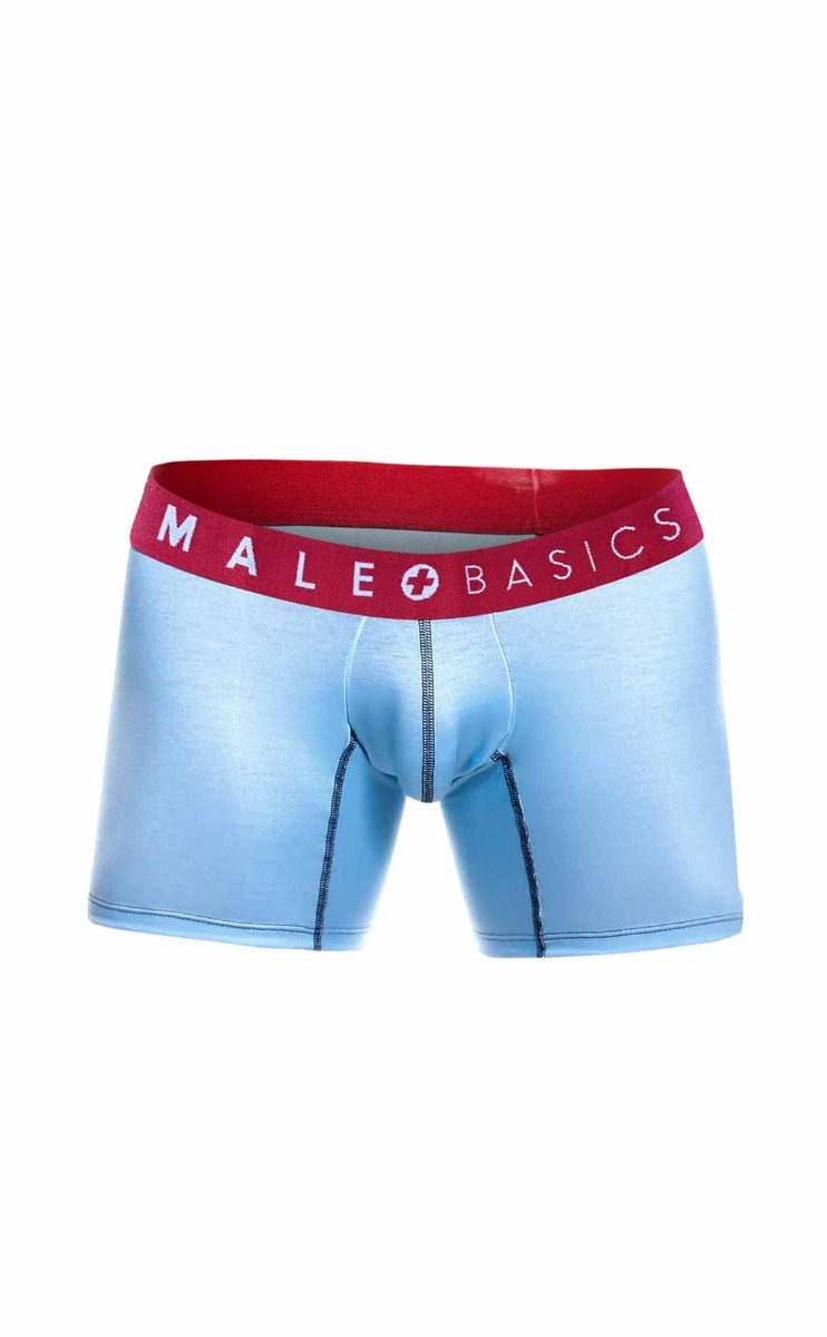 Light blue men’s boxer briefs with red waistband and male basics logo from MaleBasics 3-Pack Boxer Brief Boats set