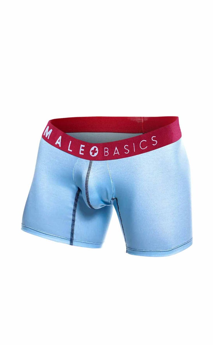 Light blue men’s boxer briefs with red waistband and male basics logo from the Malebasics 3-pack boxer brief boats set