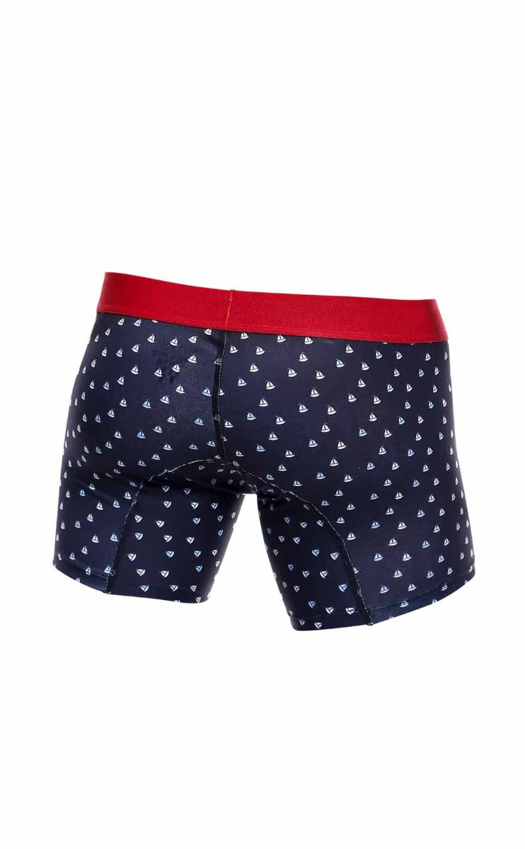 Navy blue boxer briefs with red waistband and white sailboat patterns from malebasics 3-pack boxer brief boats set