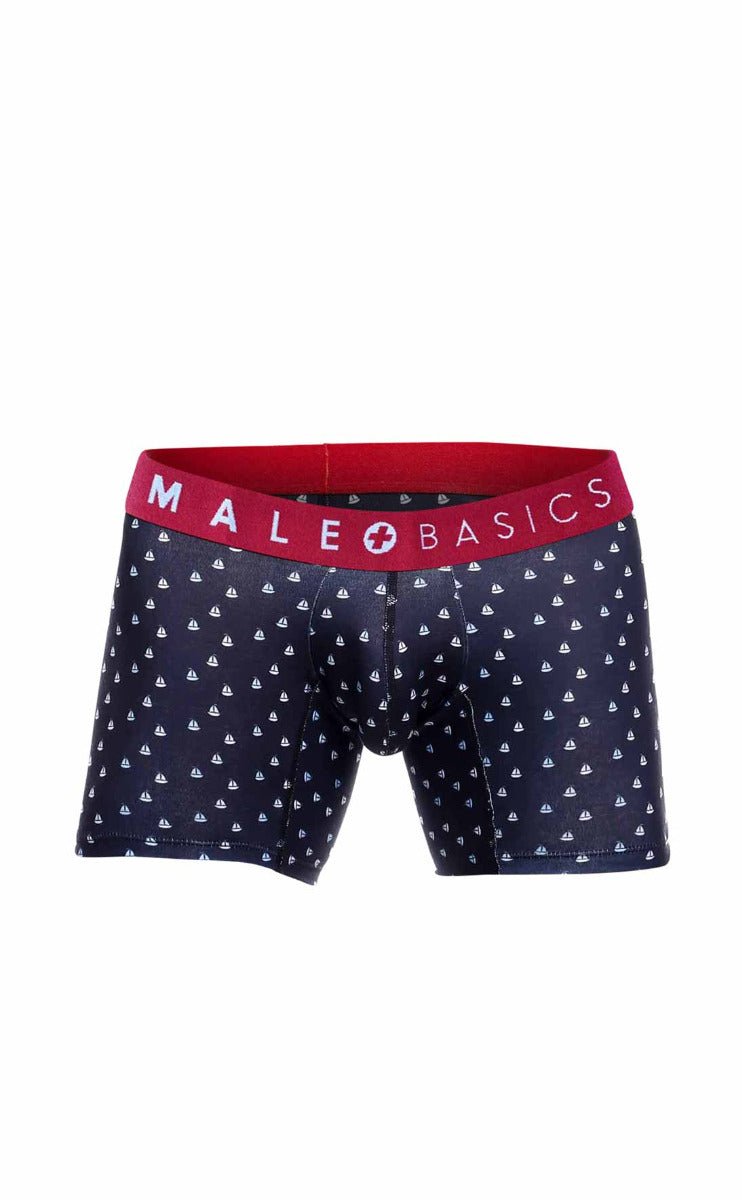 Navy blue malebasics boxer briefs with white sailboat pattern and red waistband in a 3-pack set boats design
