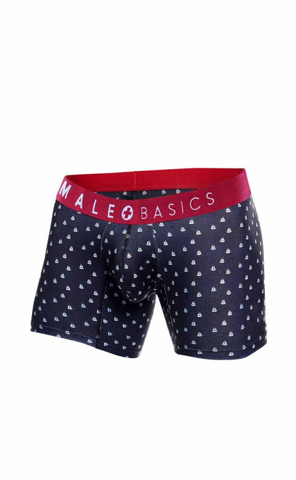 Dark navy boxer briefs with white sailboat pattern and red waistband with male basics logo from malebasics 3-pack boats