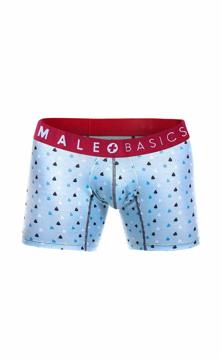 Light blue men’s boxer briefs with black and teal triangle pattern and red branded male basics waistband in 3-pack