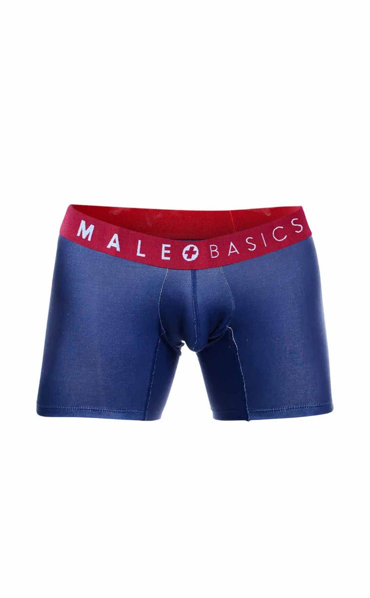 Blue men’s boxer briefs with red waistband and male basics logo in white from malebasics 3-pack boxer brief marine