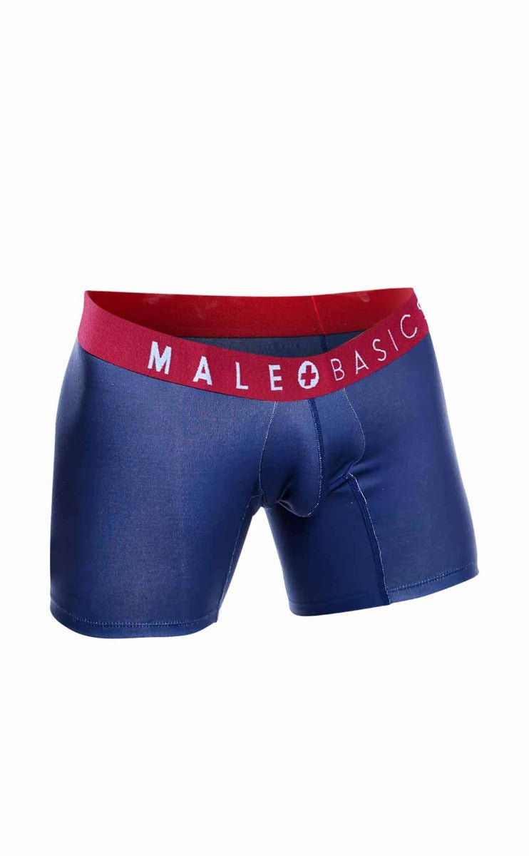 Blue men’s boxer briefs with red waistband and male basic logo from malebasics 3-pack boxer brief marine set
