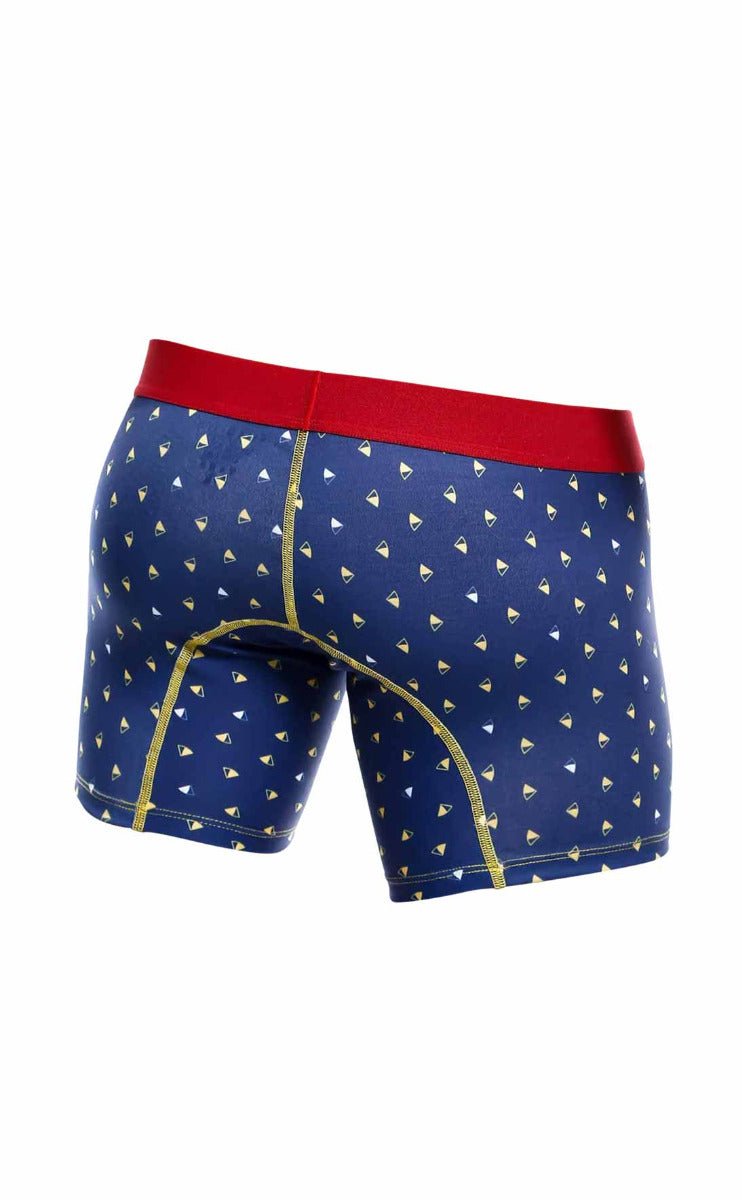 Blue boxer briefs with red waistband and gold-trimmed seams featuring white sailboat pattern from Malebasics 3-pack marine