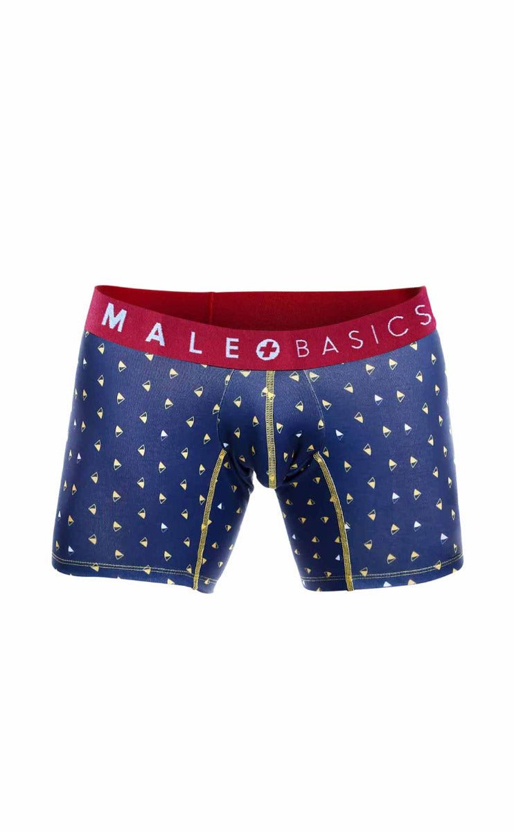 Blue male basics boxer briefs with red waistband and white diamond patterns for comfortable everyday wear