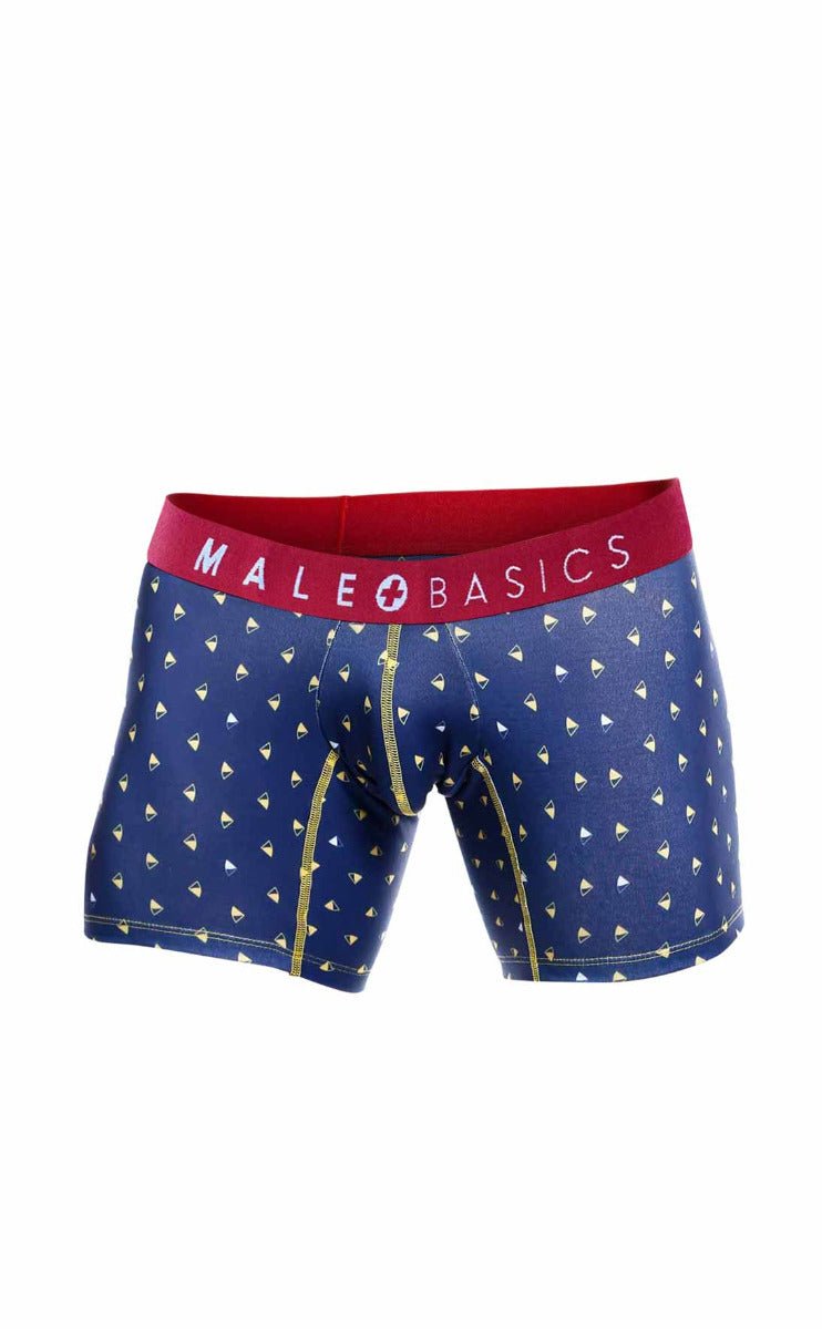 MaleBasics 3-pack boxer brief marine featuring blue fabric with white sailboat patterns red waistband and gold stitching