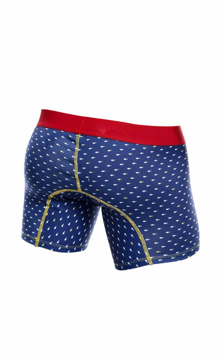 Malebasics 3-pack boxer brief marine in blue with red waistband white polka dots and gold stitching along seams