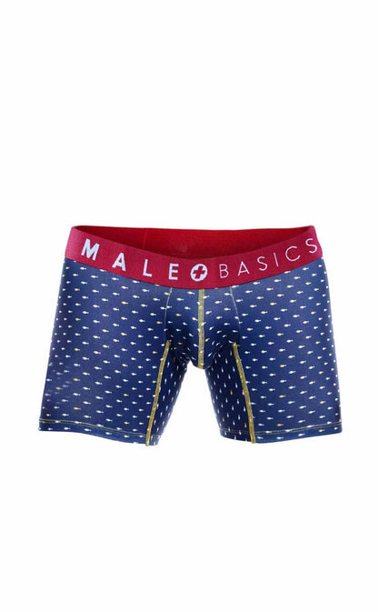 Blue patterned men’s boxer briefs with red male basics waistband and gold side stitching in male basics 3-pack marine