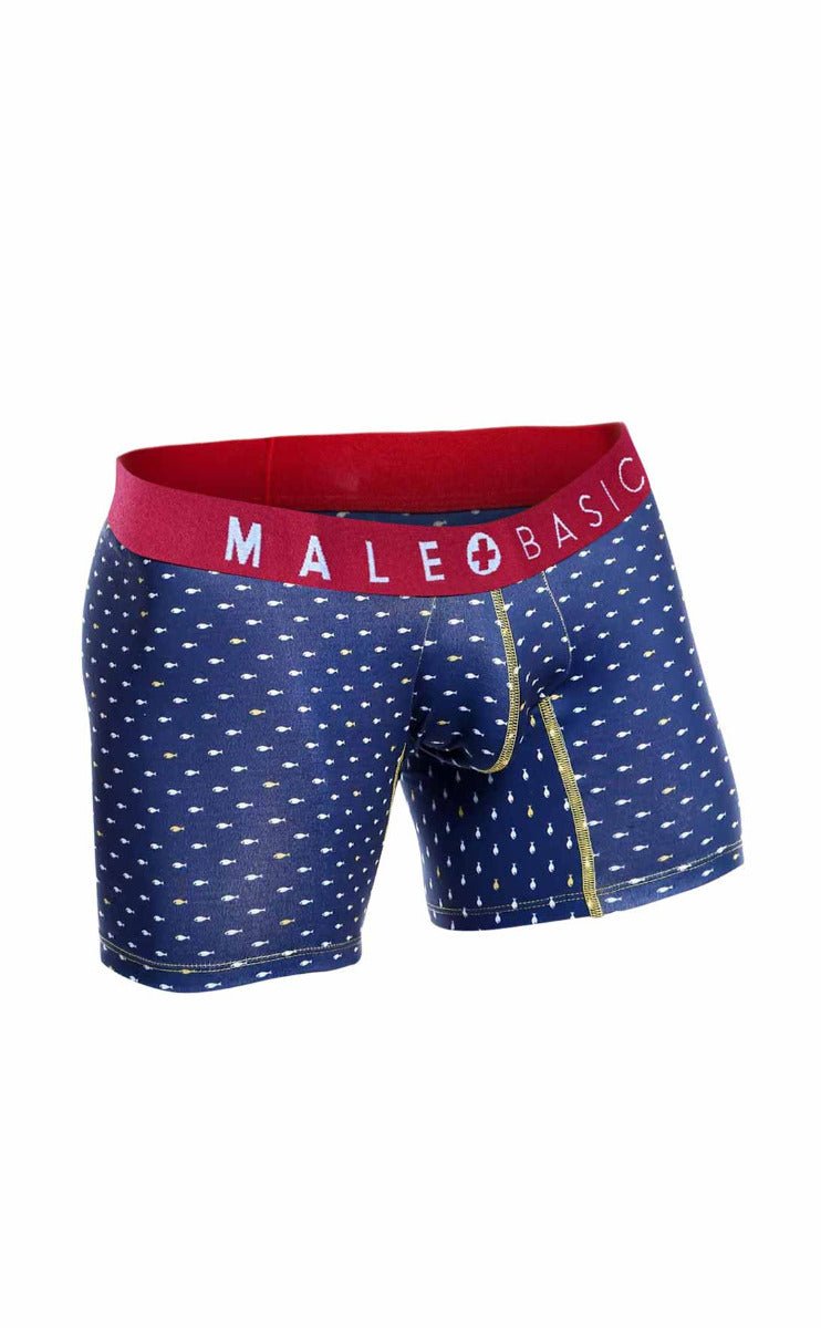 Malebasics 3-pack boxer brief marine with blue pattern, red waistband, gold fly trim, and male basic logo for men