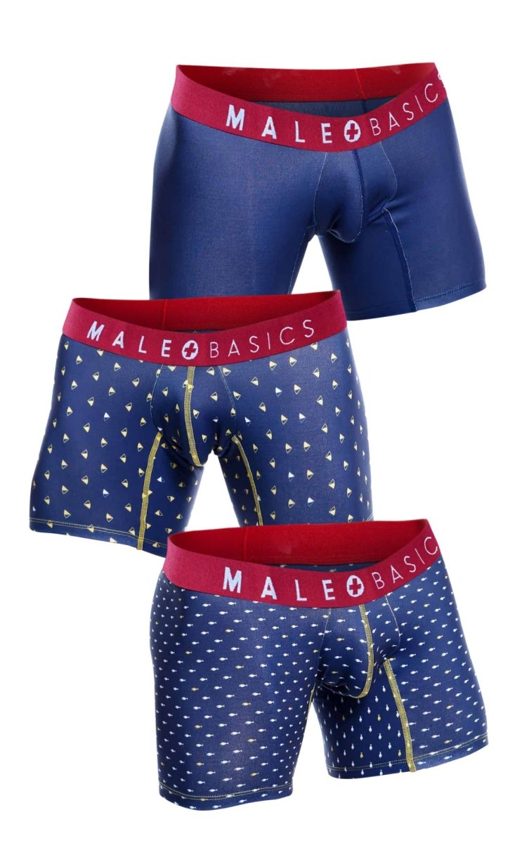 Set of three male basics marine blue boxer briefs with red waistbands featuring white triangle patterns