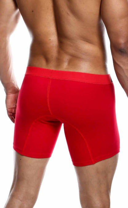 Red malebasics boxer briefs with smooth form-fitting fabric in a solid color design front view