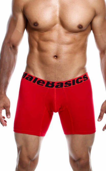 Red men’s boxer briefs with black malebasics waistband featured in a malebasics 3-pack boxer brief multi set