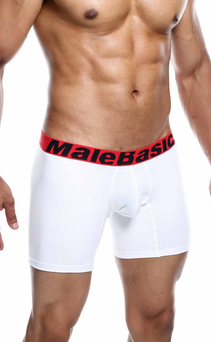 Malebasics 3-pack boxer brief in white with bold red waistband and black lettering for comfortable everyday wear