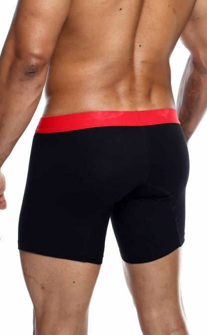 Black male basics boxer briefs with bold red waistband in cotton blend for everyday comfort and support