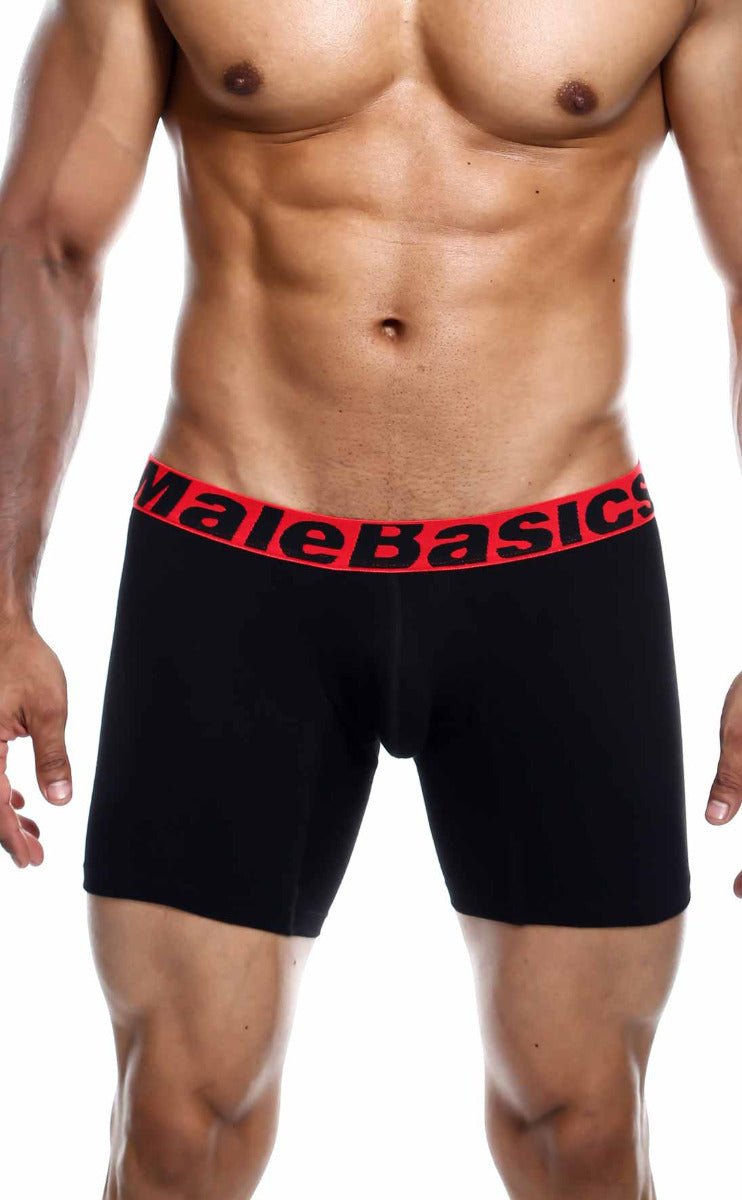 MaleBasics 3-pack boxer briefs in black with red elastic waistband and bold black MaleBasics branding