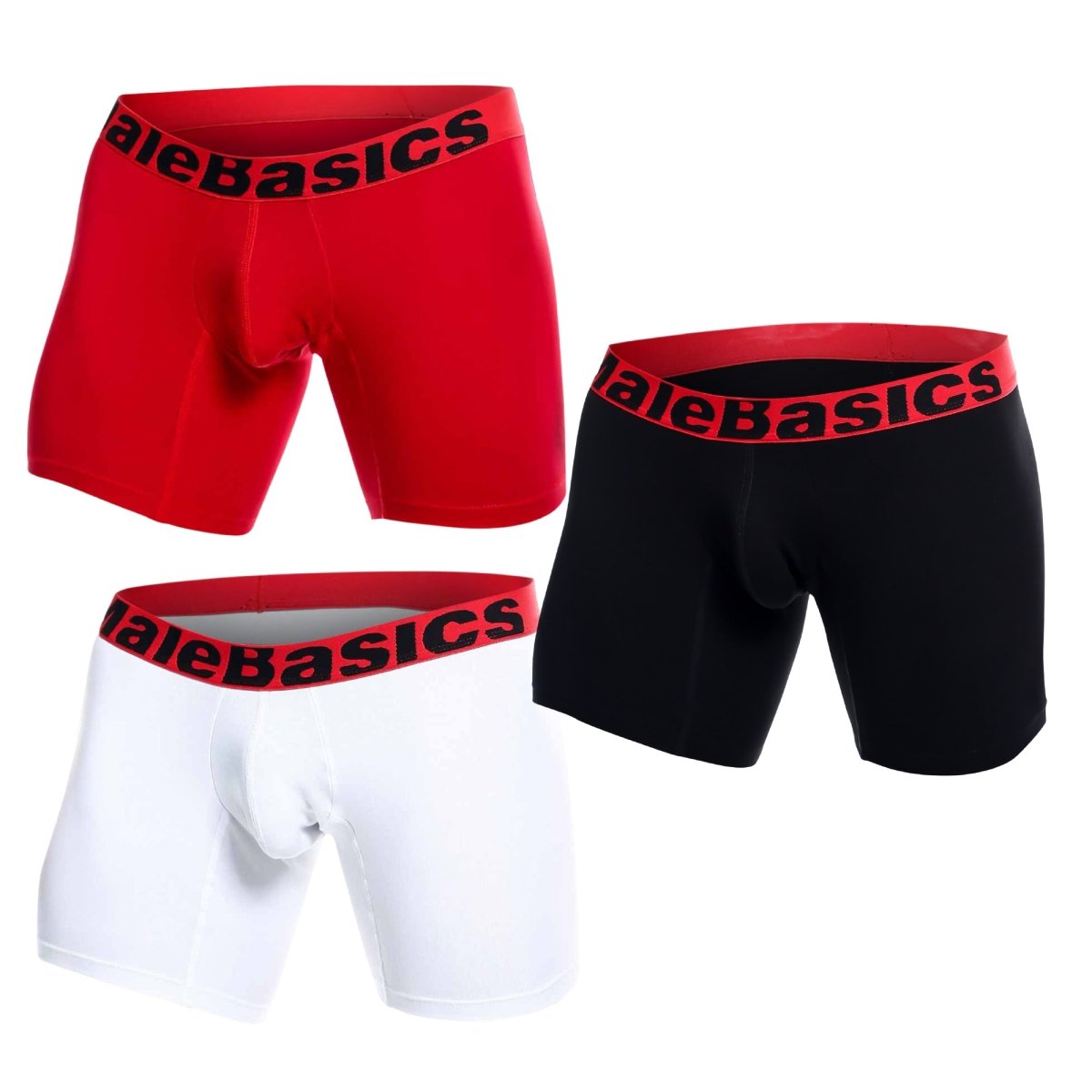 Malebasics 3-pack boxer brief multi in red black and white with elastic waistbands featuring alebasics branding