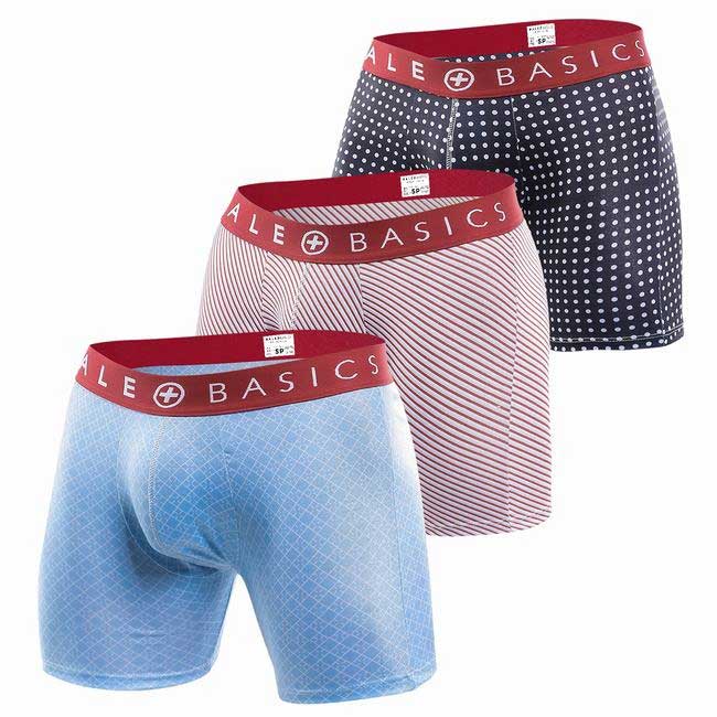 Malebasics 3-pack boxer brief prints in blue pink and navy with white polka dots and diagonal stripes for men