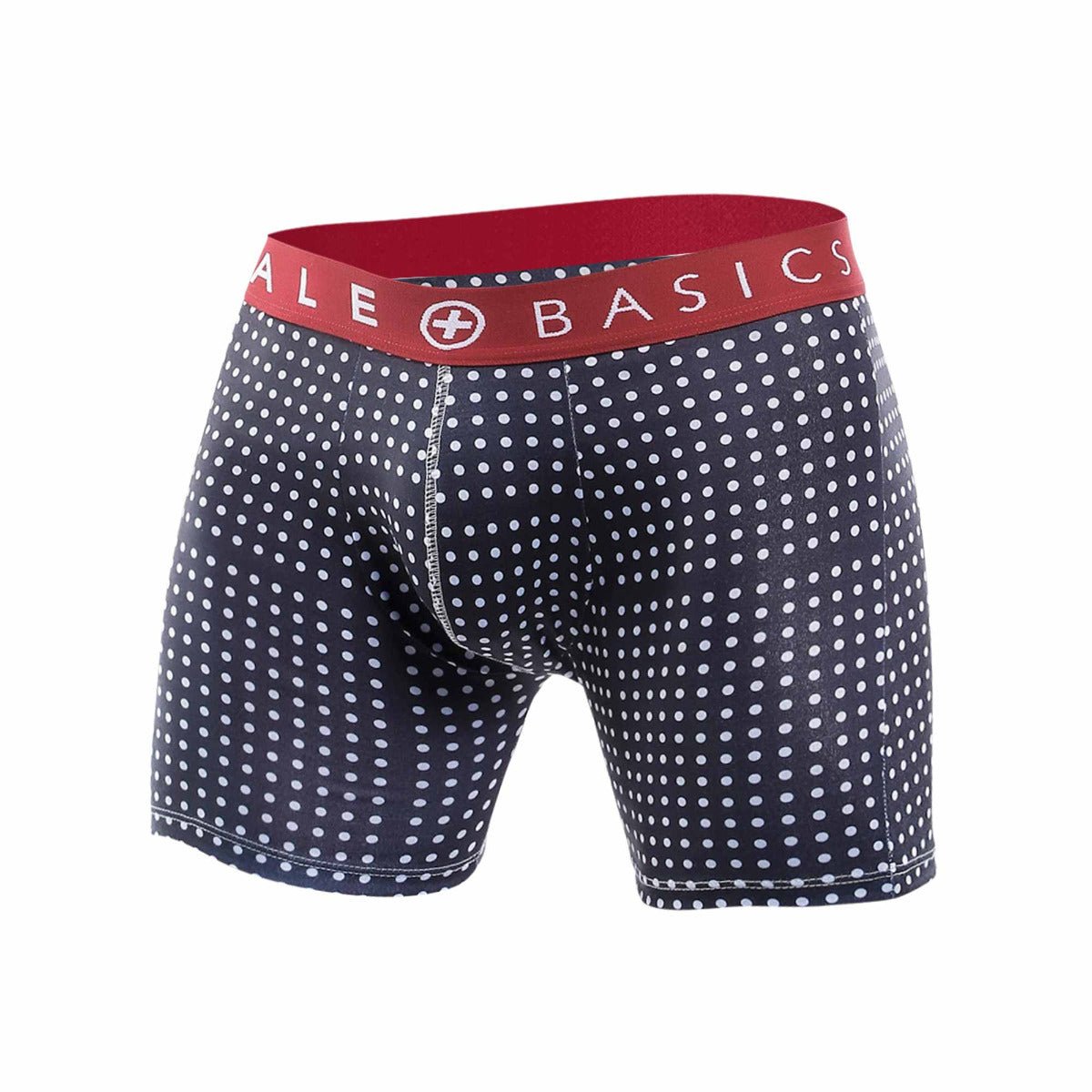 Navy blue boxer briefs with white polka dots and red ale basics waistband in malebasics 3 pack boxer brief prints