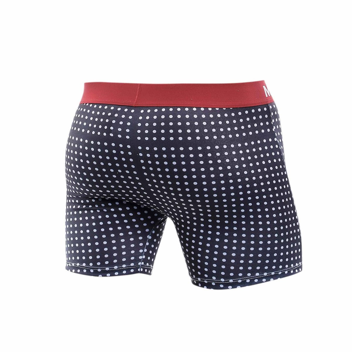 MaleBasics navy blue boxer briefs with white polka dots and red waistband featuring soft breathable fabric