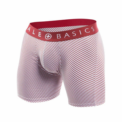 Menbasics 3-pack boxer brief prints featuring red and white striped briefs with red waistband and logo branding