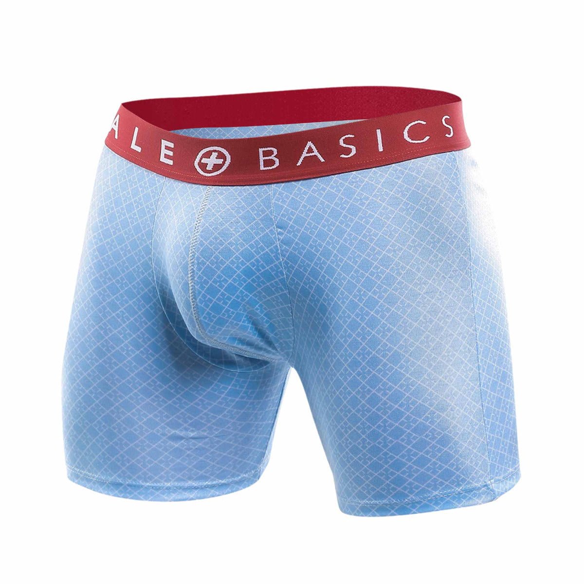 Malebasics light blue boxer briefs with subtle geometric pattern and red waistband featuring malebasics logo