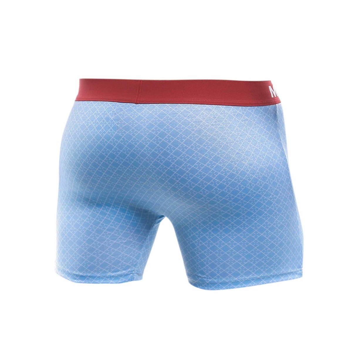Malebasics light blue boxer briefs with subtle diamond pattern and red waistband in a 3-pack print set