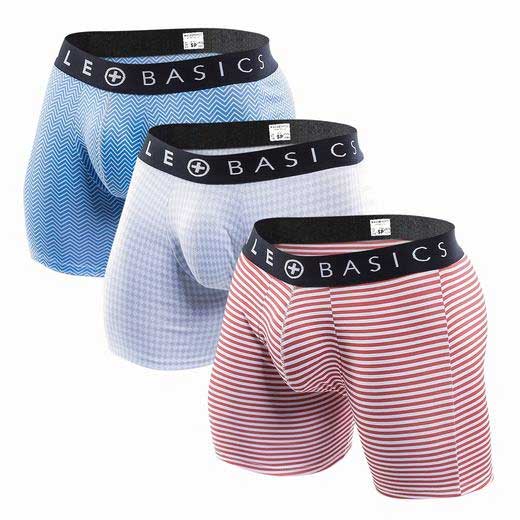 Three pairs of malebasics boxer briefs in blue, light gray, and pink stripes with black logo waistbands